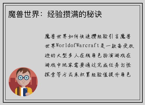 魔兽世界：经验攒满的秘诀